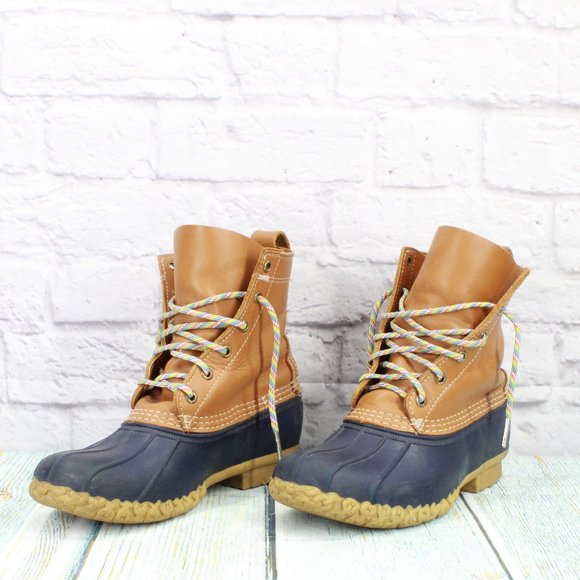 LL Bean Brown Leather Lace Up Round Toe Ankle Duck Boots Size 9 Medium - Picture 2 of 9